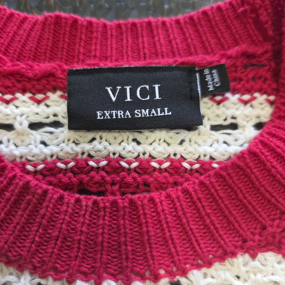 Vici Red and White Crochet Striped Crew Neck Sweater NWOT - Picture 6 of 9